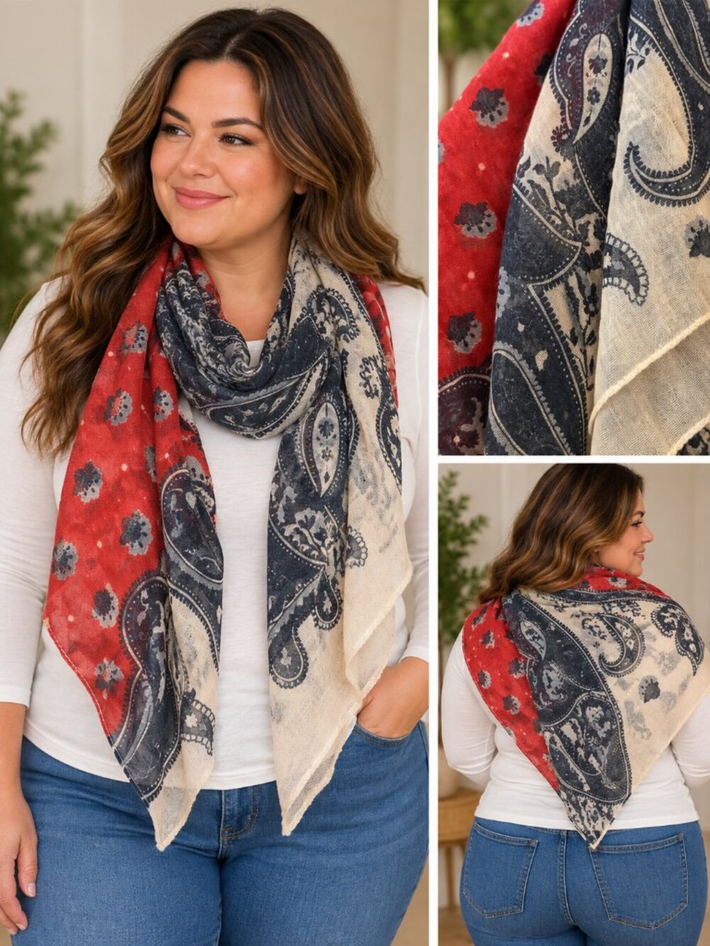 3 Scarf Set - Blue Stripes, Red & Blue Paisley, Purple Chiffon